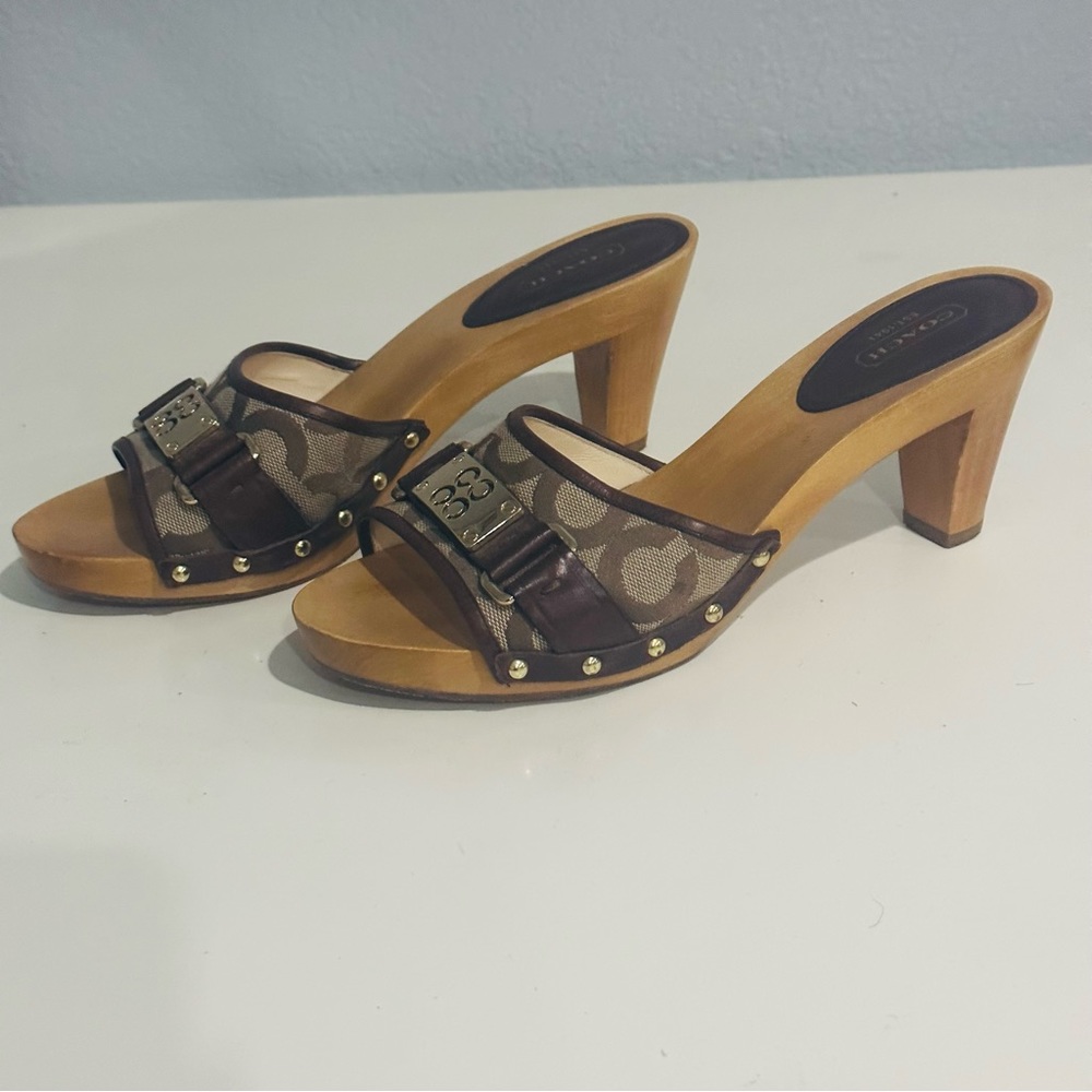 Coach shoes wooden heel with brown strap and a classic gold "C" design